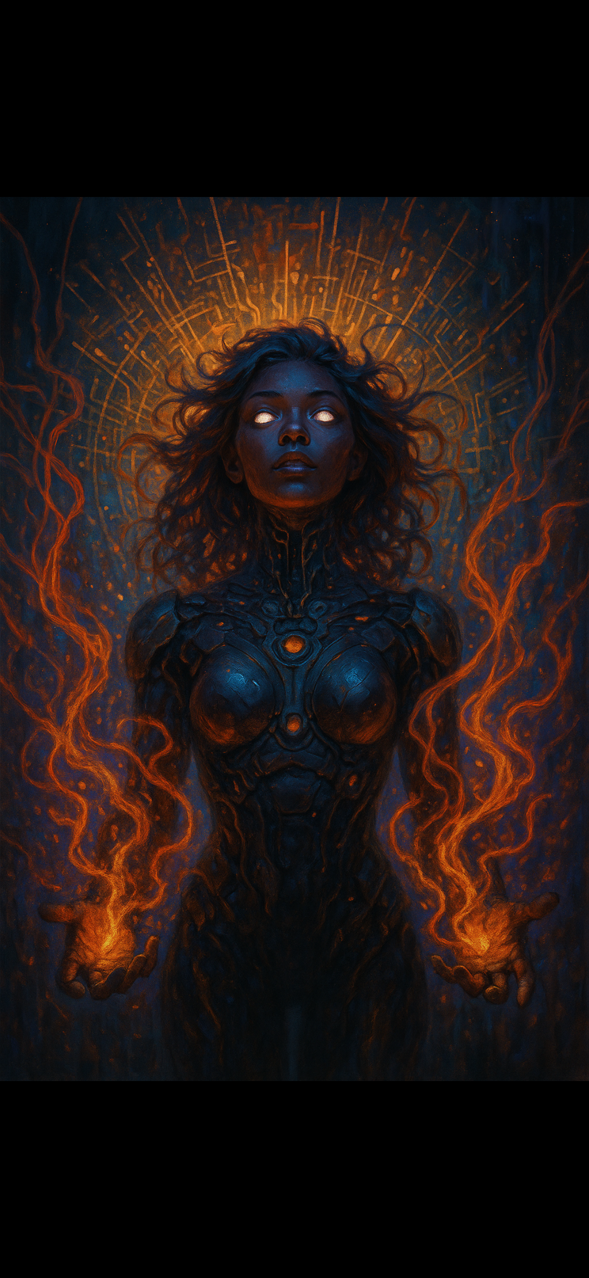 Figure with circuit-board halo, armor, fire in both hands