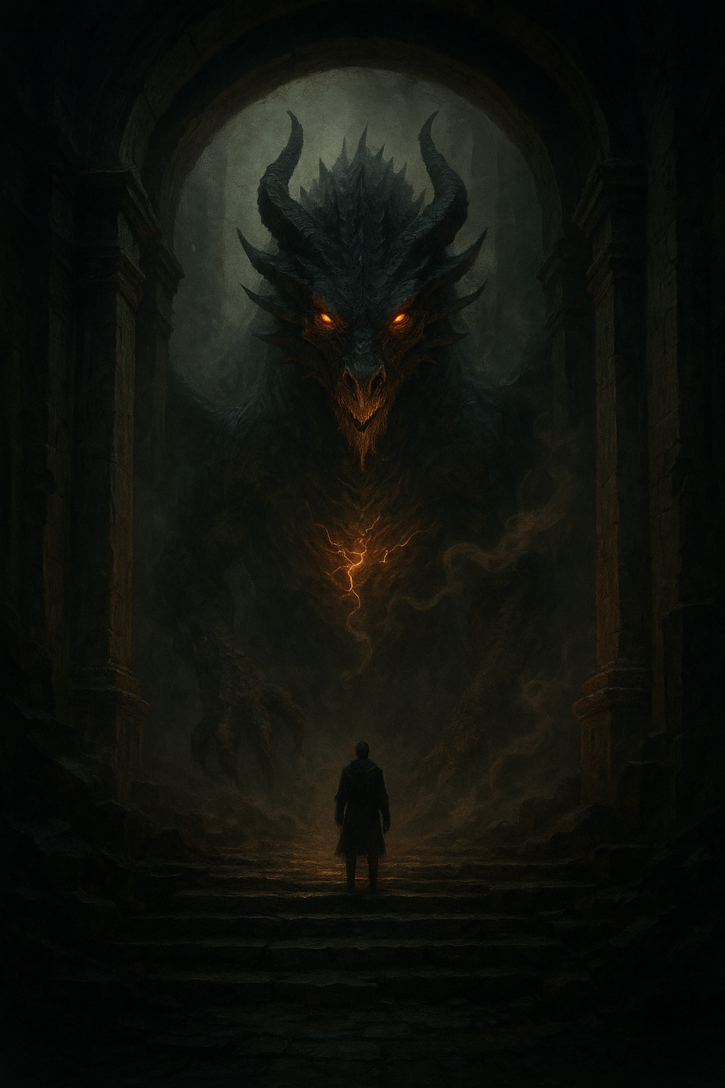 Lone human figure facing an enormous dragon in a gothic archway